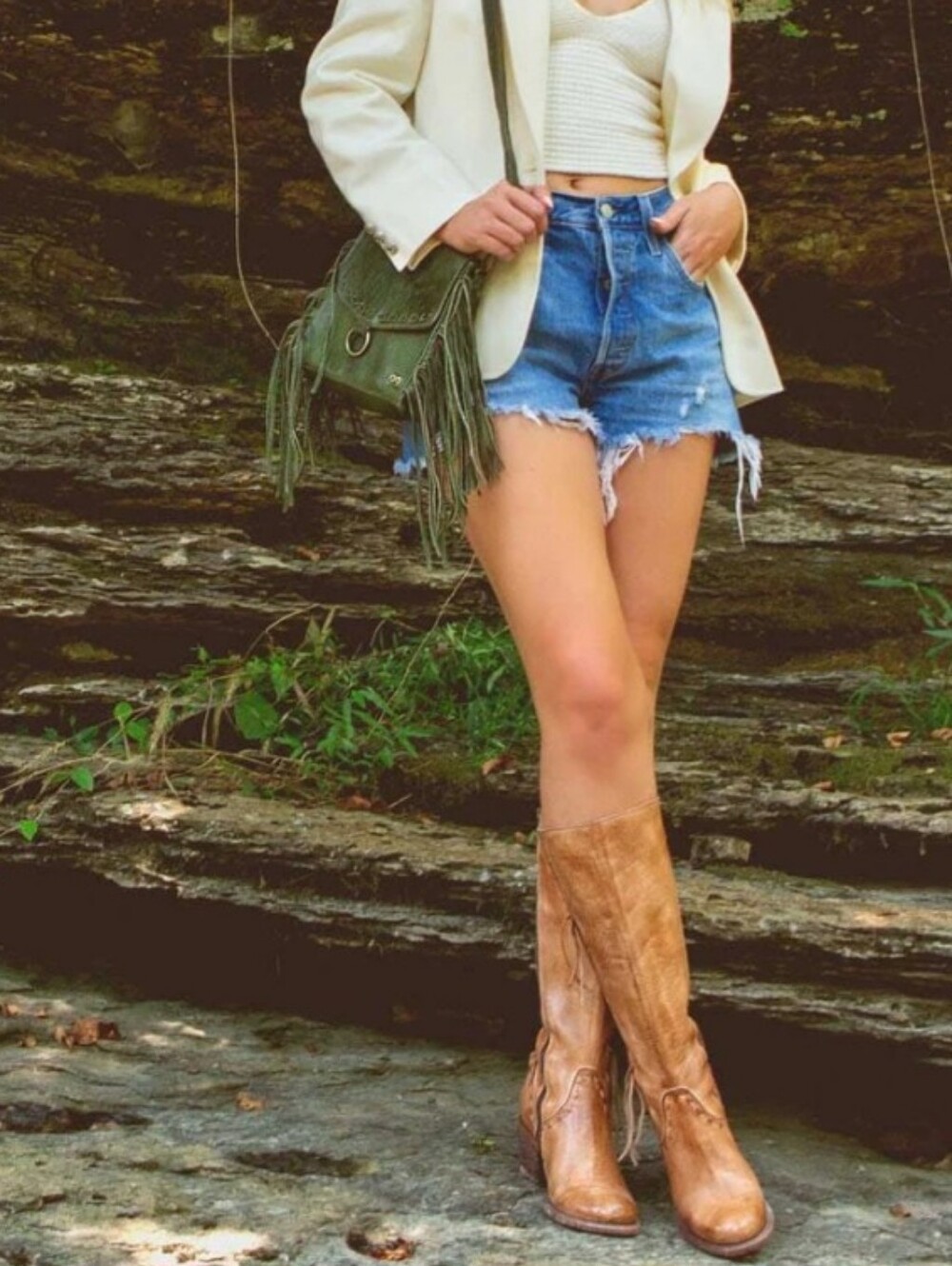 Bed Stu Tan Leather Knee-High Fringe Boots-CHARIS